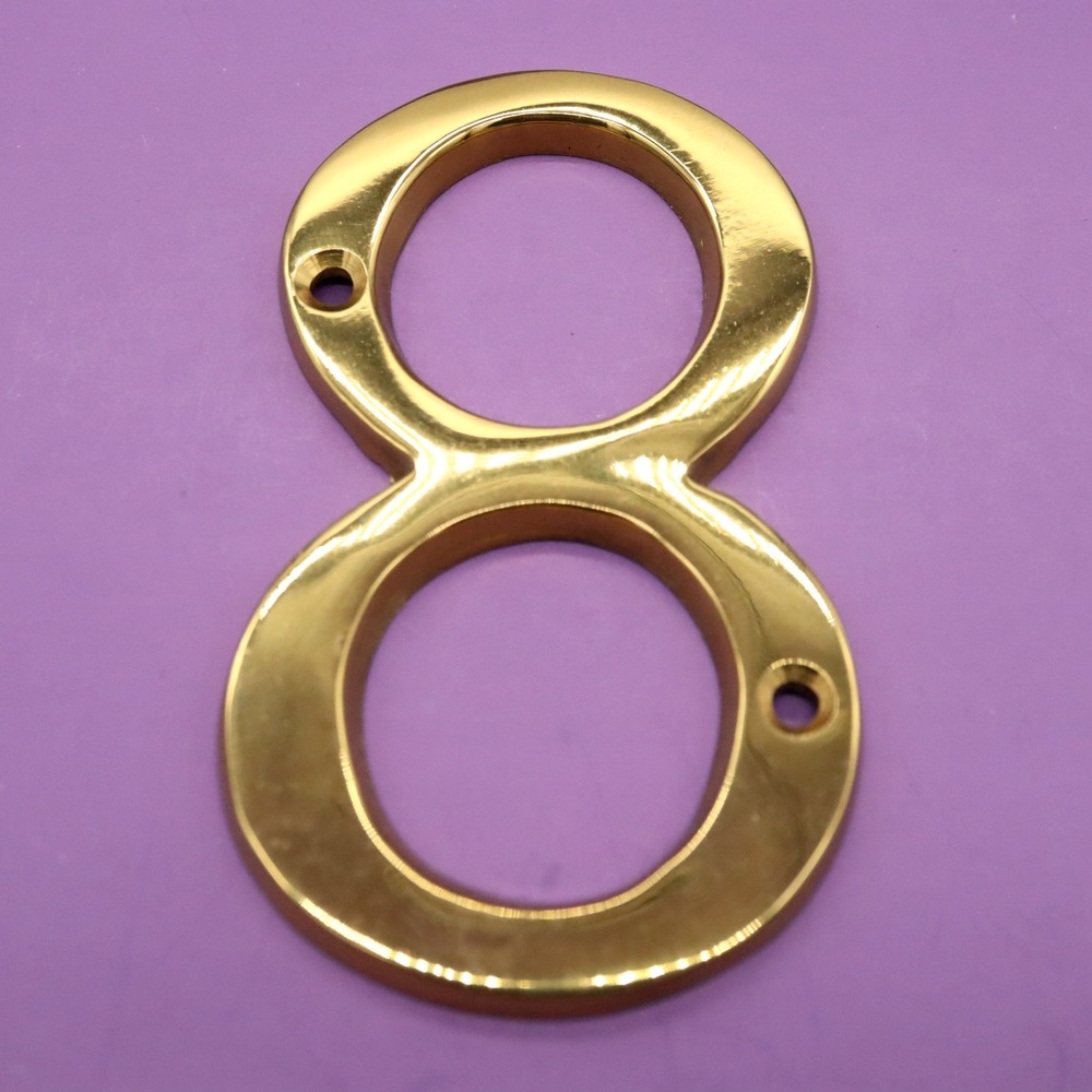 Number 8 Eight Polished Brass 4" House Number w/Hardware Wall Mount Post Address